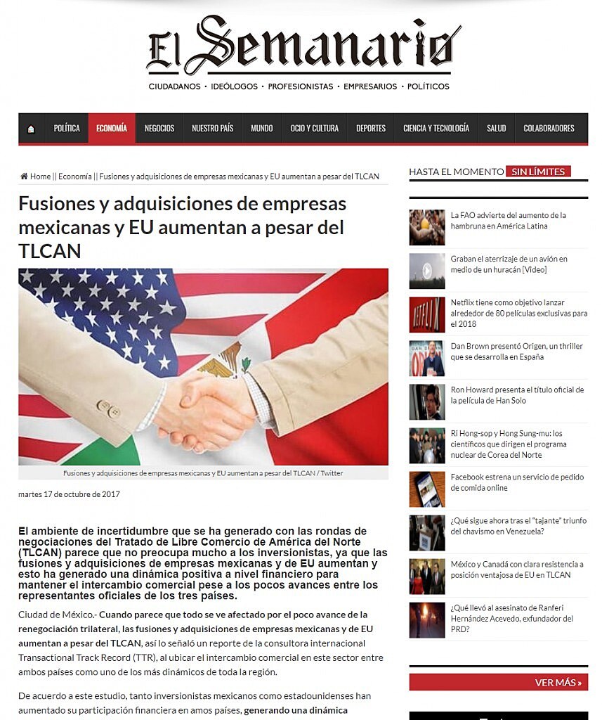 Fusiones y adquisiciones de empresas mexicanas y EU aumentan a pesar del TLCAN